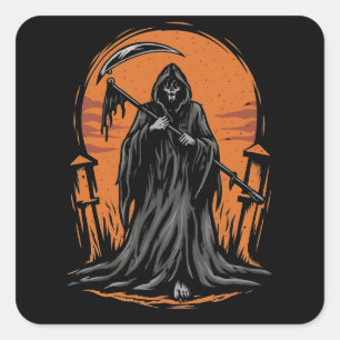 Sticker Carré Dessin animé de la Faucheuse dans un cimetière au 