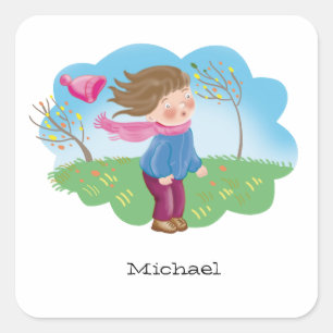 Sticker Carré dessin animé enfant gel dehors en automne, saisons