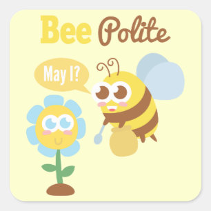 Sticker Carré Dessin animé : Une jolie abeille récoltant du nect