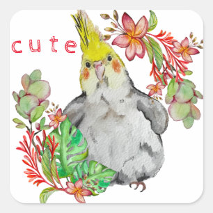 Sticker Carré Dessin d'aquarelle d'un perroquet amusant en fleur