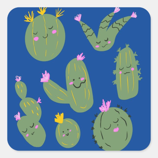 Sticker Carré Dessin de Cactus Doodon Funny Blue (Devant)