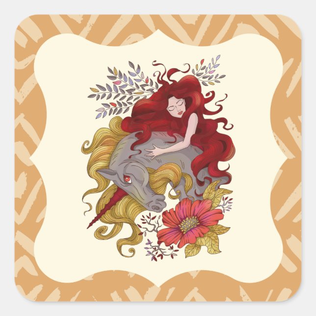 Sticker Carré Dessin De Fleurs Douces Et Unicorne (Devant)