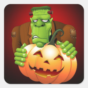 Sticker Carré Dessin de Frankenstein Monster avec Citrouille