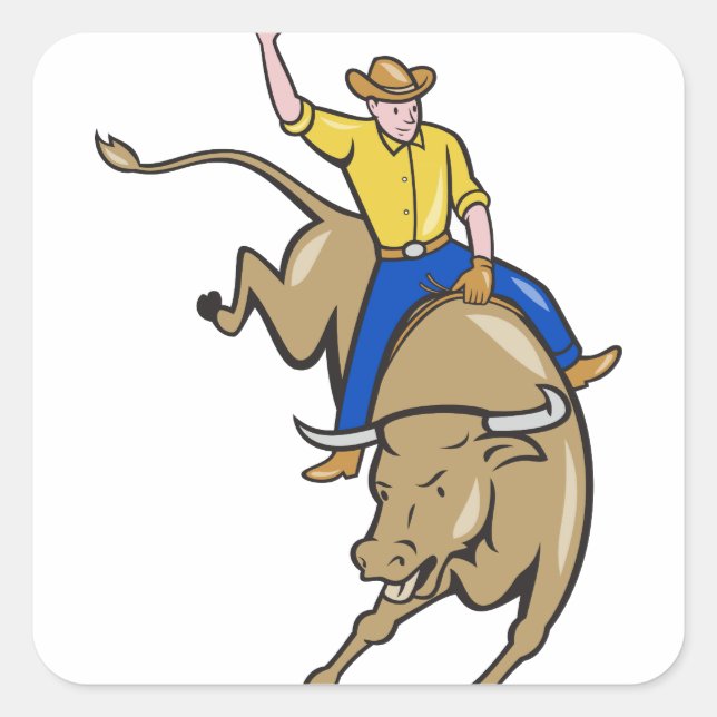 Sticker Carré Dessin de Rodeo Cowboy Bull Riding (Devant)