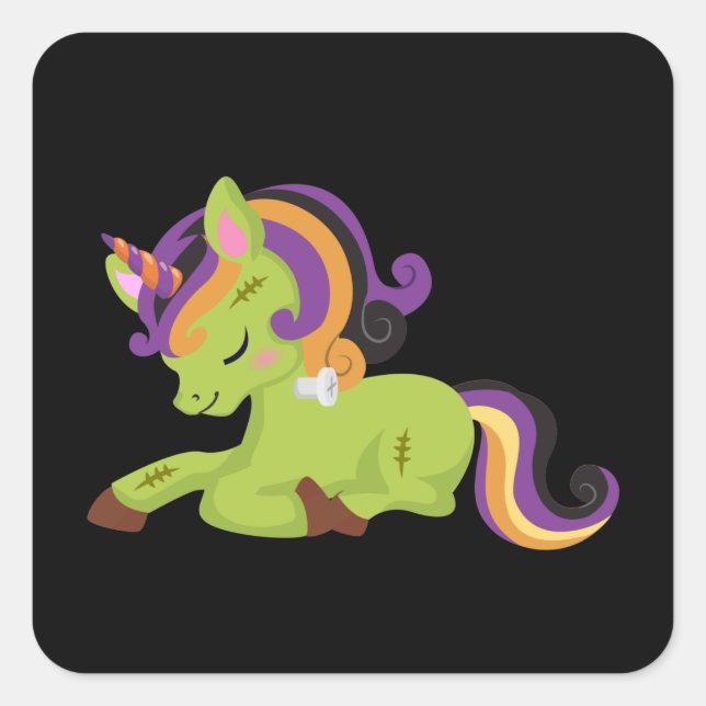 Sticker Carré Dessin d'Halloween de Cute Frankenstein Unicorn (Devant)