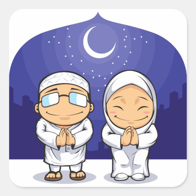 Sticker Carré Dessin d'une femme musulmane saluant le Ramadan (Devant)