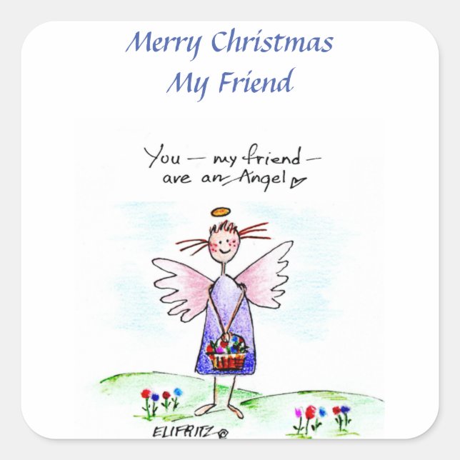 Sticker Carré Dessin heureux "You My Friend" Bleu violet Vert (Devant)