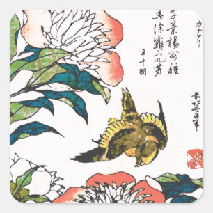 Sticker Carré Dessin japonais vintage, Peonies et Bruant
