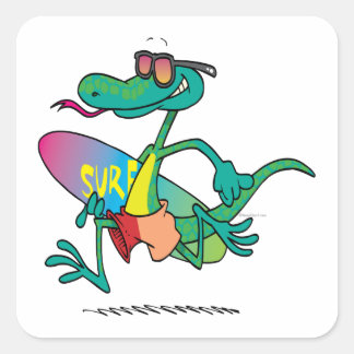 Sticker Carré dessin mignon drôle de lézard de plage de surfer