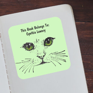 Sticker Carré Dessin noir Cat Face Gros yeux Vert clair
