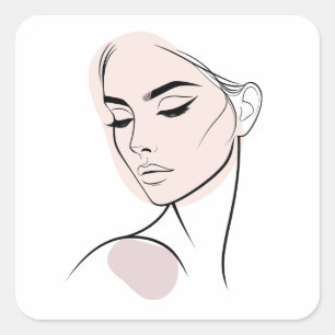 Sticker Carré Dessin Visage Femme D'Une Ligne No3 (Avec Couleur)
