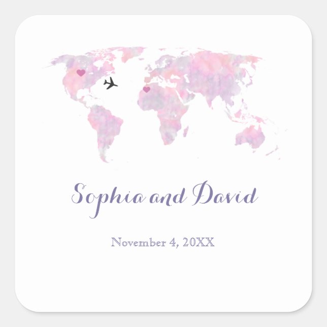 Sticker Carré Destination Mariage Voyage Aquarelle Carte du mond (Devant)