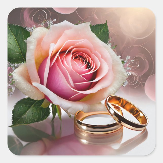 Sticker Carré Deux anneaux mariages avec rose rose clair (Devant)