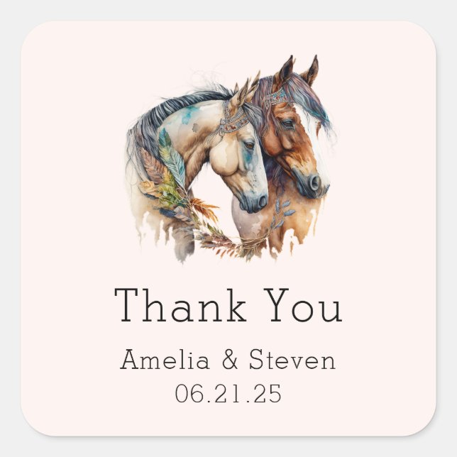 Sticker Carré Deux beaux chevaux Merci Mariage occidental (Devant)