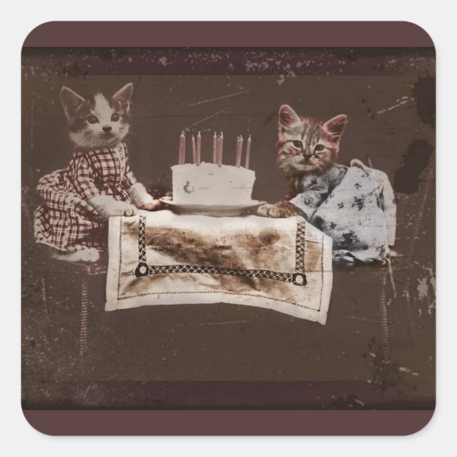 Sticker Carré Deux chatons avec gâteau d'anniversaire (Devant)