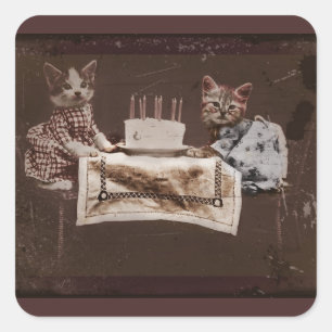 Sticker Carré Deux chatons avec gâteau d'anniversaire