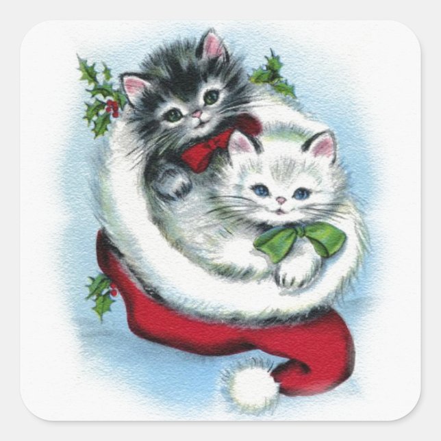 Sticker Carré deux chatons de Noël vintage (Devant)