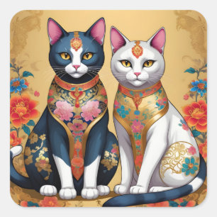 Sticker Carré Deux chats fleuris décoratifs