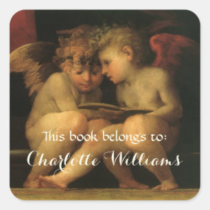 Sticker Carré Deux Cherubs Lecture par Rosso Fiorentino Bookplat