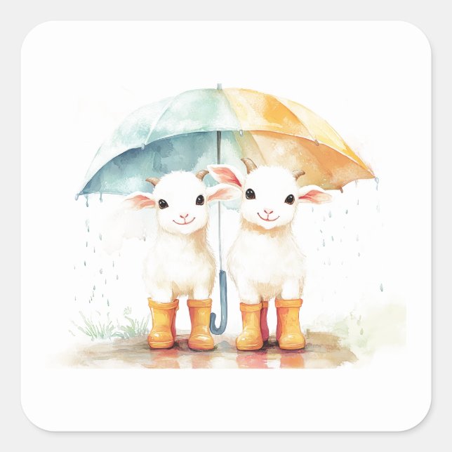 Sticker Carré Deux chèvres bébés par jour de pluie (Devant)