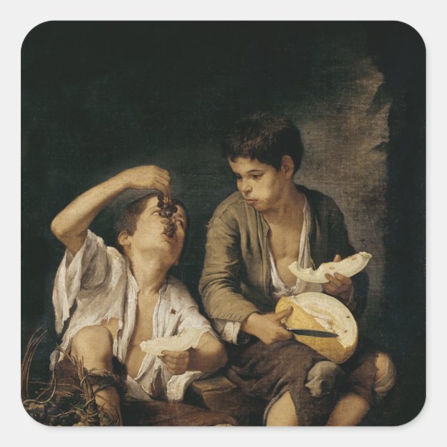 Sticker Carré Deux enfants mangeant un melon et des raisins, 164 (Devant)