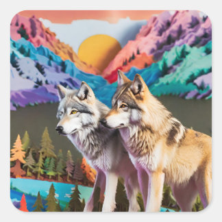 STICKER CARRÉ DEUX LOUP DANS UN PAYSAGE COLORÉ
