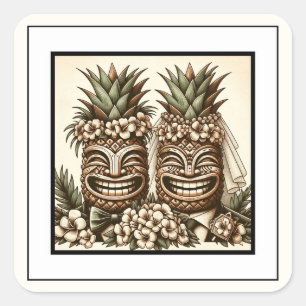 Sticker Carré Deux mariés Tête de Tiki Ananas Gay Mariage Rétro 