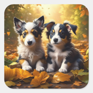 Sticker Carré Deux mignons chiots qui jouent dans les feuilles d