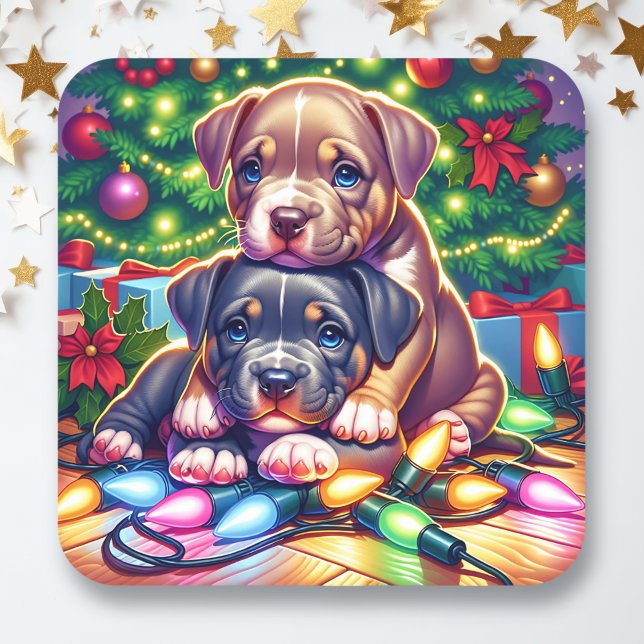 Sticker Carré Deux mignons chiots qui jouent sous l'arbre de Noë (Créateur téléchargé)