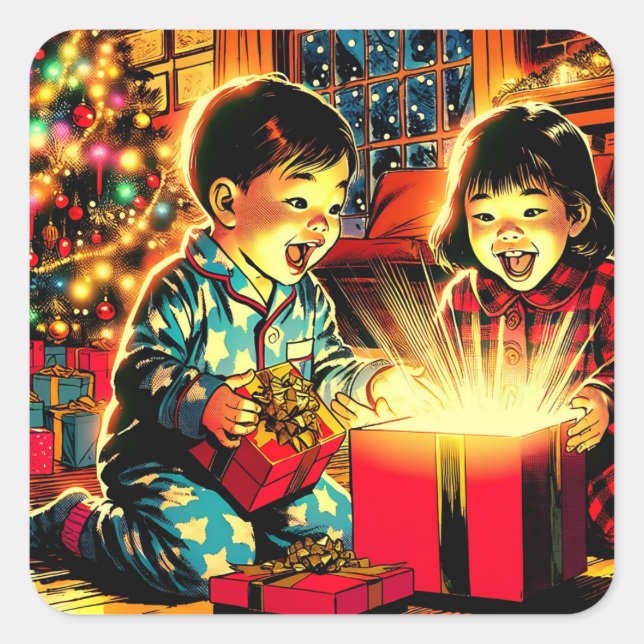 Sticker Carré Deux mignons enfants d'Asie Vintage Noël (Devant)