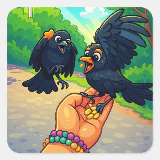 Sticker Carré Deux oiseaux noirs se nourrissant à partir d'un de
