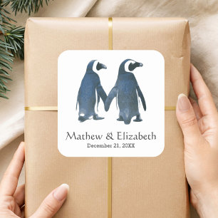 Sticker Carré Deux pingouins mignons   Mariage romantique