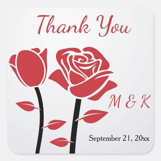 Sticker Carré Deux roses rouges Merci Mariage (Devant)