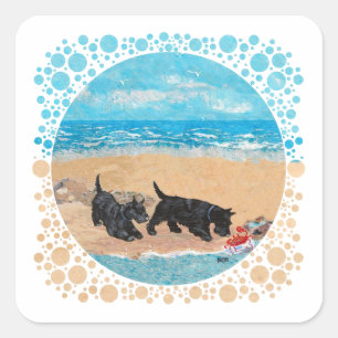 Sticker Carré Deux Scotties à la plage