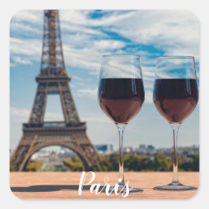 Sticker Carré Deux verres de vin avec la tour Eiffel