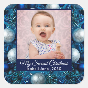 Sticker Carré Deuxième Noël personnalisé Famille Texte bleu