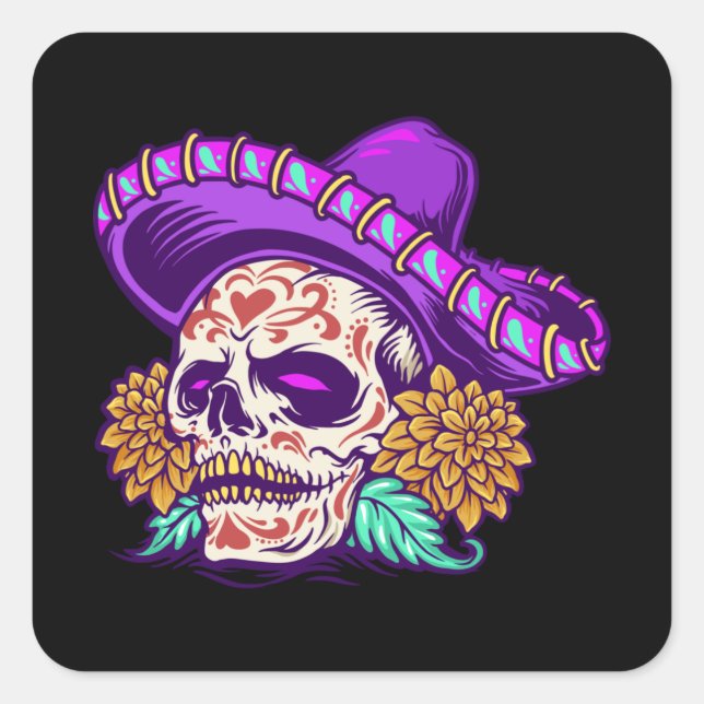 Sticker Carré Dia de muertos crâne de sucre mexicain (Devant)