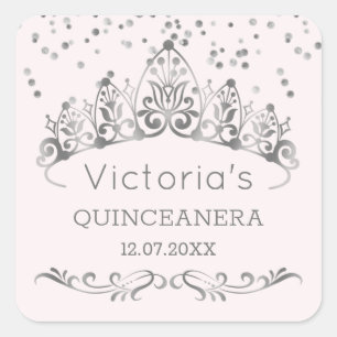 Sticker Carré Diadème argenté, confettis Quinceanera de point de