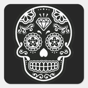 Sticker Carré Diamant du crâne de sucre noir et blanc