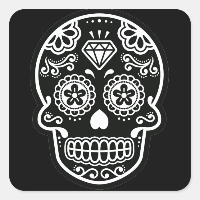 Sticker Carré Diamant du crâne de sucre noir et blanc (Devant)