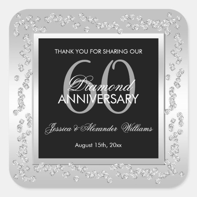 Sticker Carré Diamants d'argent élégant 60e anniversaire de Mari (Devant)
