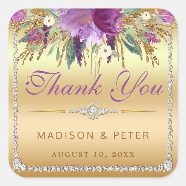 Sticker Carré Diamants de fleurs Mariage Merci or (Devant)