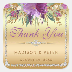 Sticker Carré Diamants de fleurs Mariage Merci or