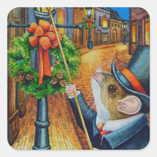 Sticker Carré Dickens Christmas Lamplighter Souris aquarelle Art (Devant)