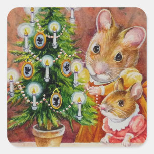 Sticker Carré Dickens Christmas Tree Trimming Souris Art