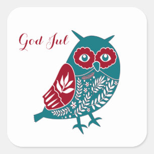 Sticker Carré Dieu Jul Chouette bleue et rouge scandinave