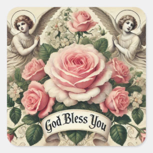 Sticker Carré Dieu vous bénisse Rose Anges Religieux