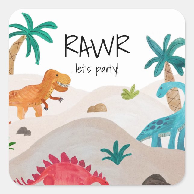 Sticker Carré Dinos Peint fête d'anniversaire (Devant)