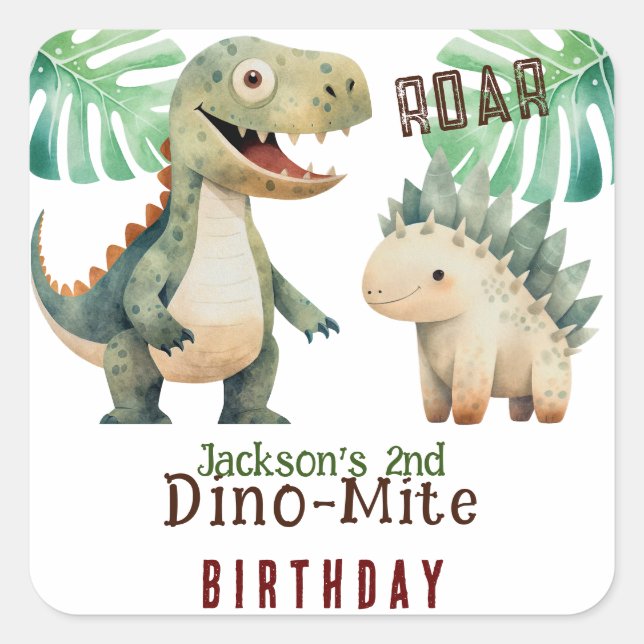 Sticker Carré Dinosaur 2e aquarelle d'anniversaire (Devant)