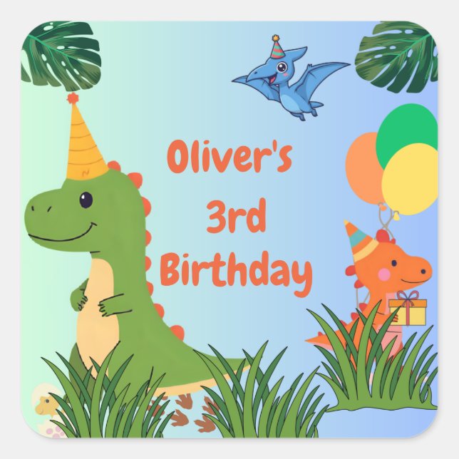 Sticker Carré Dinosaur Anniversaire Fête - Cute Dino Thème (Devant)
